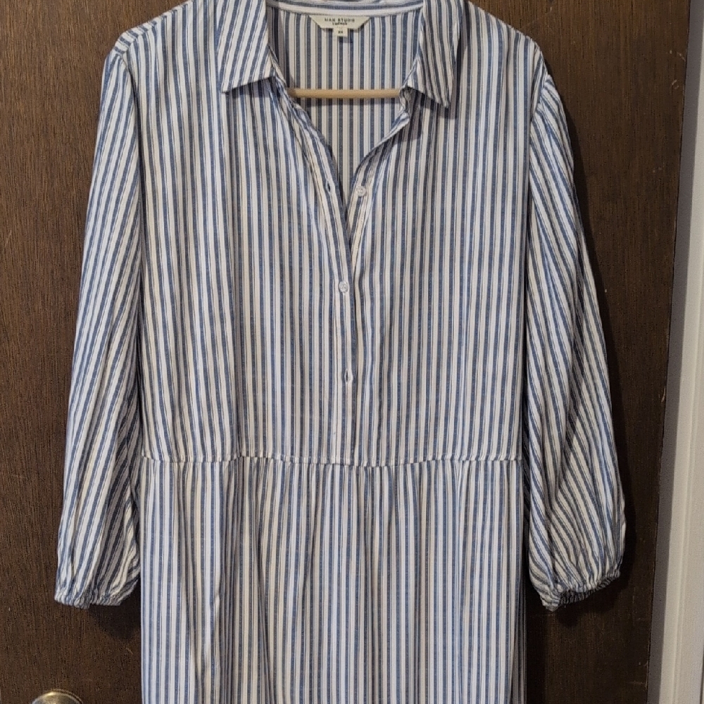 Max Studio Navy and White Striped Dress, Plus Size